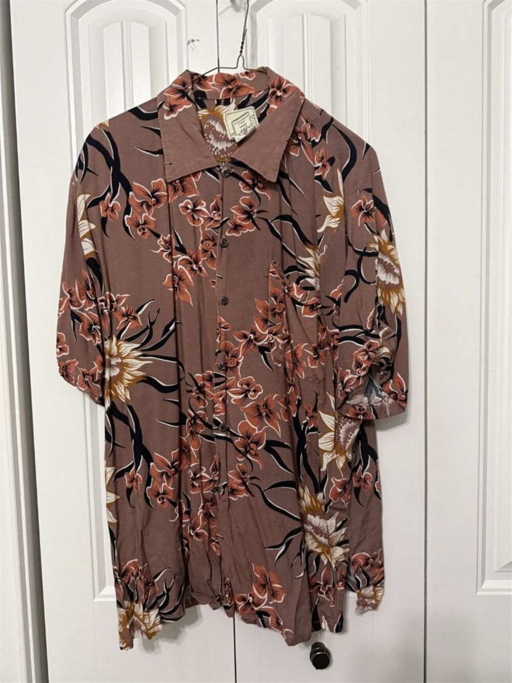Coconut Pier Hawaiian Shirt Mens Large Rayon Tropical Flower Floral Beige Orange